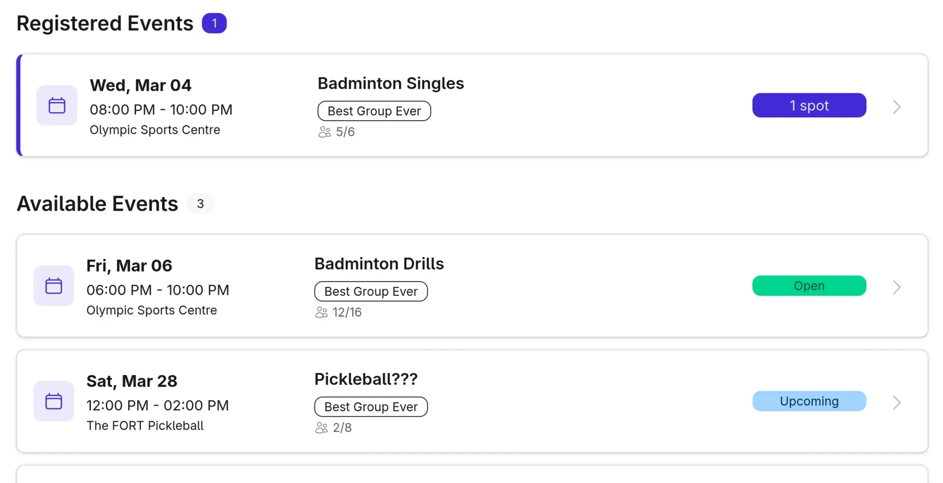 Events overview showing upcoming court sessions and registration status